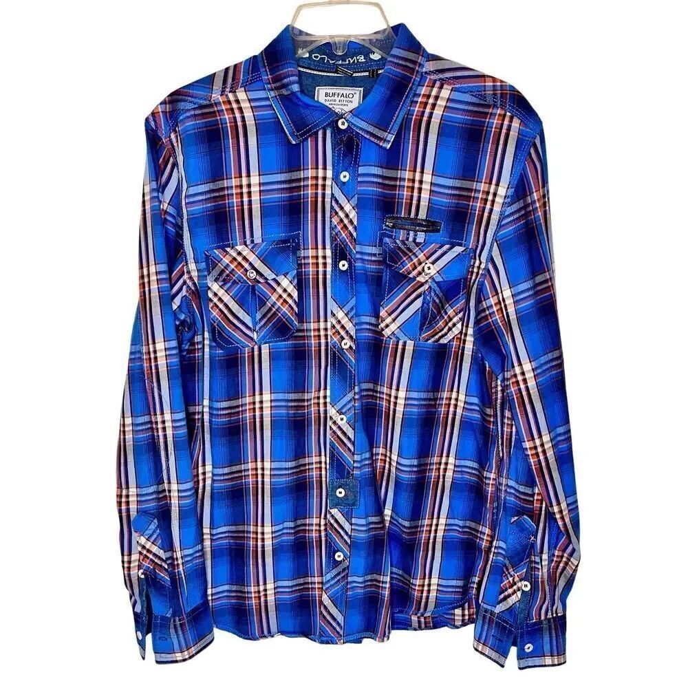 BUFFALO DAVID BITTON Blue Plaid  Button Front Shirt Sz M Leather & Denim Accents